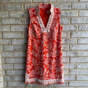 Eliza J Sleeveless V-Neck Lace Trim Orange/White Floral Shift Dress Size 4